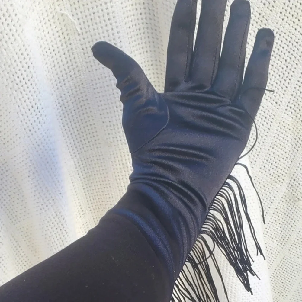 Black Satin Long Fringe‎ Gloves  NWT